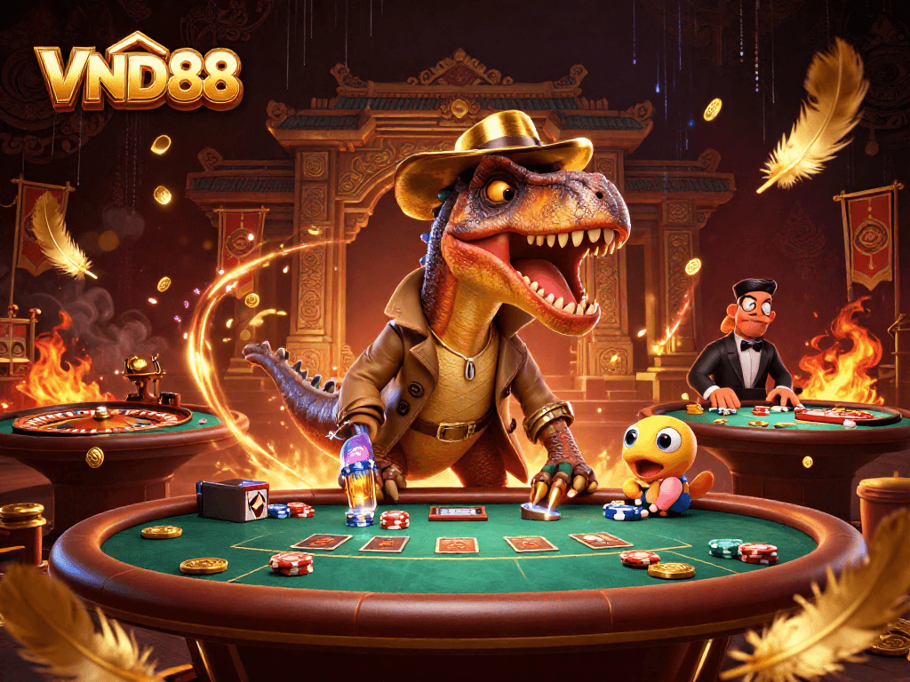 VND88 characters confront a blackjack challenge in a vibrant casino setting, showcasing excitement and strategy.