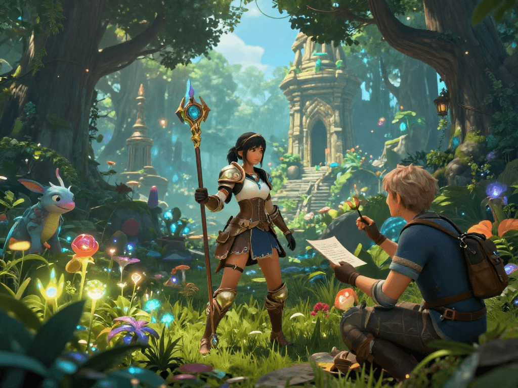 Female porn game featuring a vibrant fantasy scene with a strong female protagonist exploring a magical forest.