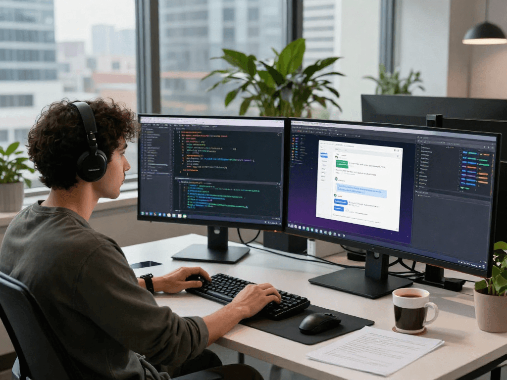 Developer creating an AI chat application, showcasing spicychat technology in a modern workspace.