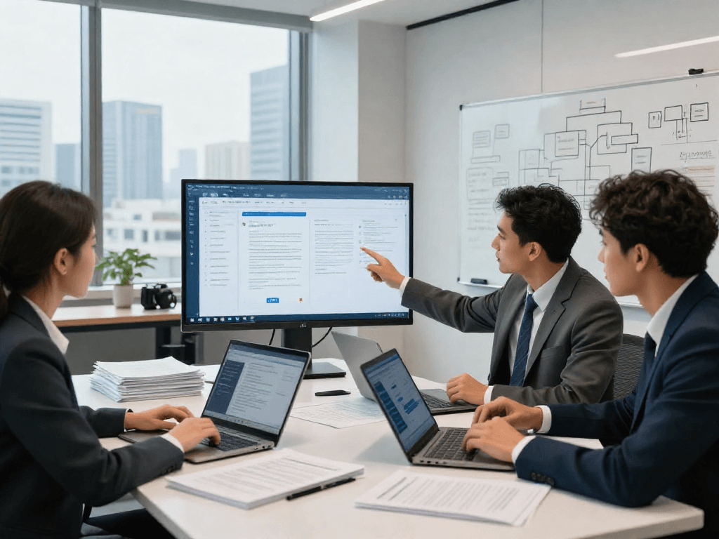Team collaborating on document fraud detection tools in a modern office.
