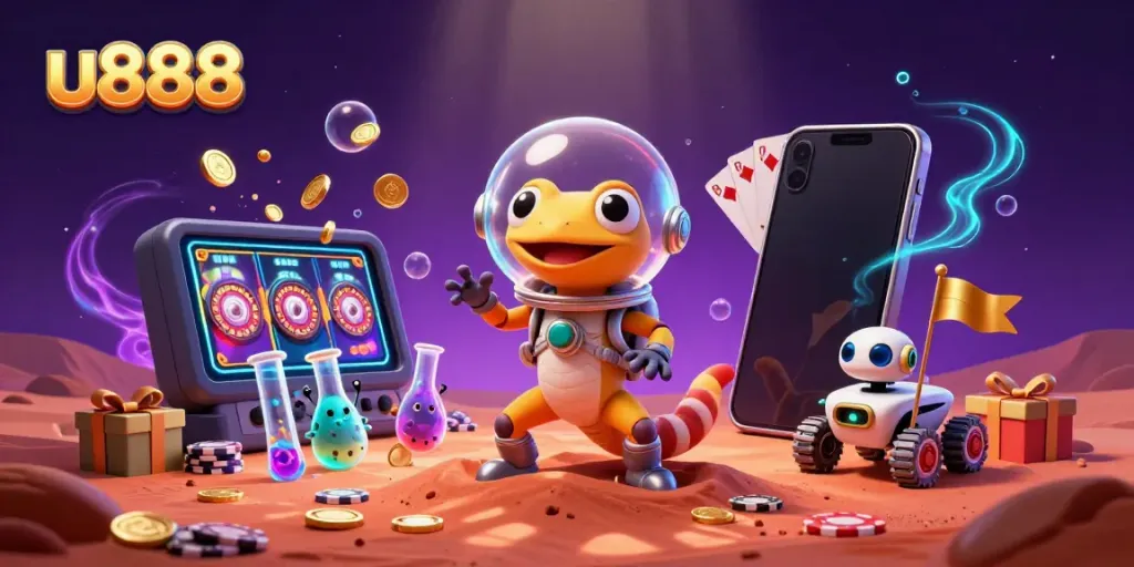 Experience u888's vibrant online casino universe in a magical Martian scene featuring slots and golden rewards.
