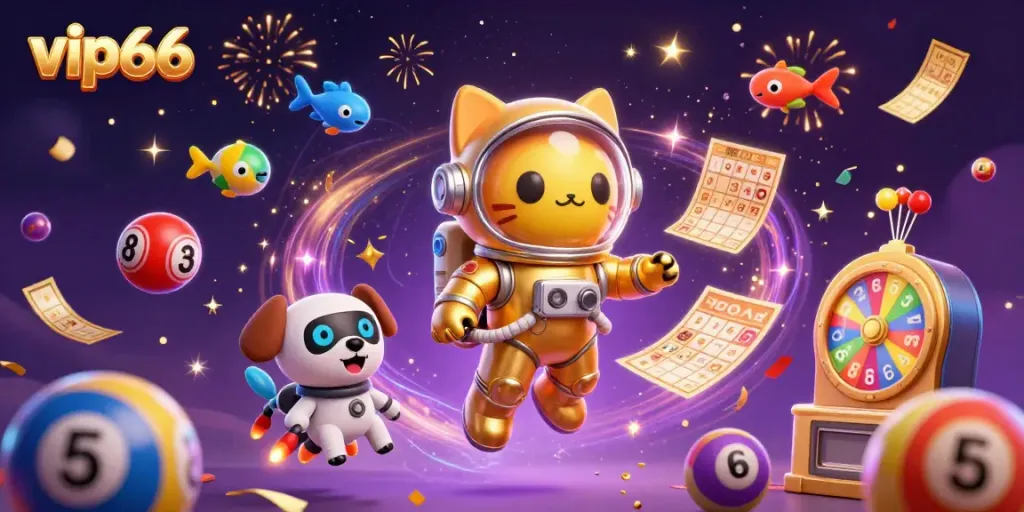 Experience the thrill of gaming at vip66 with astronauts, lucky lottery balls, and cosmic fun!