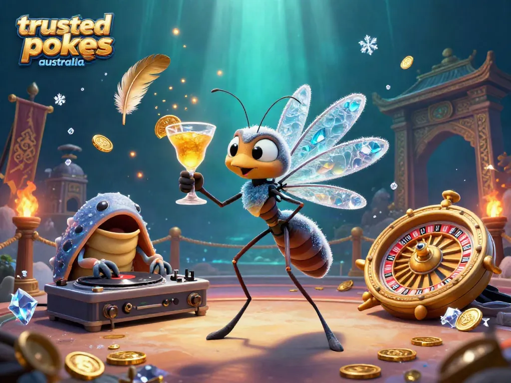 Engage with trusted online pokies Australia through a vibrant 3D casino scene featuring unique characters and gaming elements.