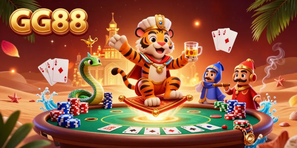 Experience the excitement of GG88 casino games with a dynamic 3D illustration featuring a tiger sultan, poker elements, and a magical atmosphere.