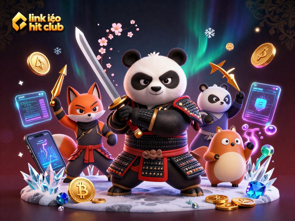 Win big with link vào hit club in a vibrant 3D illustration featuring a samurai panda and a ninja fox.