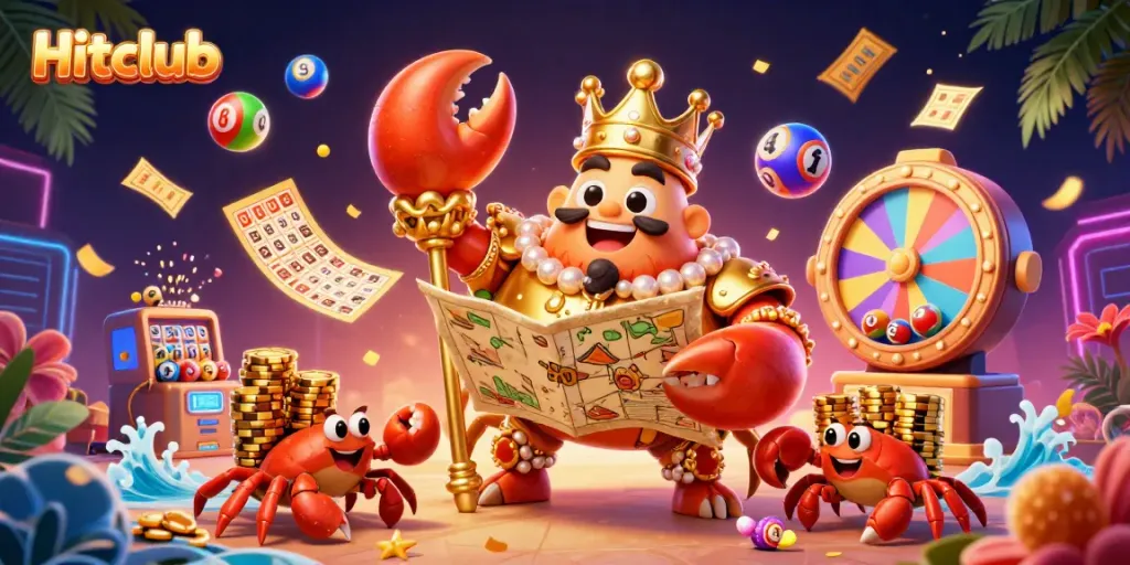 Experience Hitclub's vibrant gaming world with a dynamic crab emperor surrounded by lottery elements!