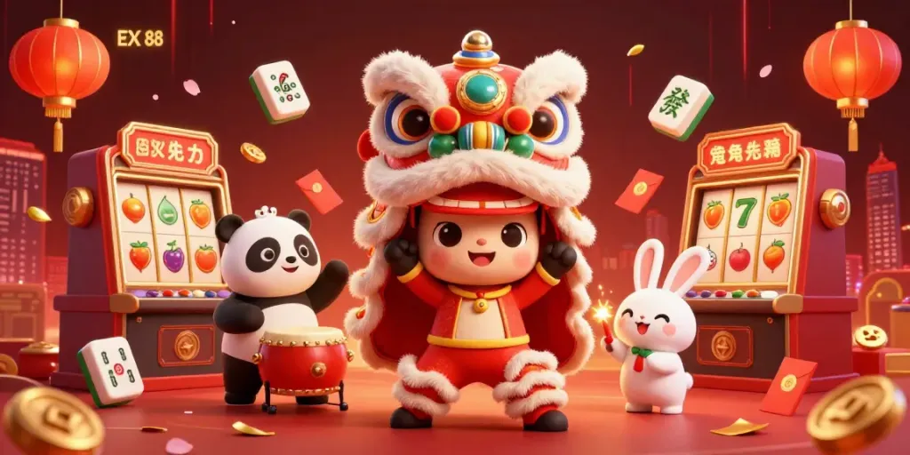 Engage with the vibrant world of EX 88 through a lively casino scene featuring a lion dance, drumming panda, and firecracker rabbit.