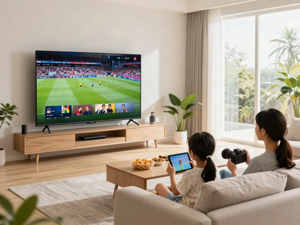 Family enjoying iptv italia service on smart TV in cozy living room.