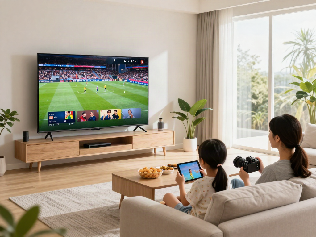 Family enjoying iptv italia service on smart TV in cozy living room.