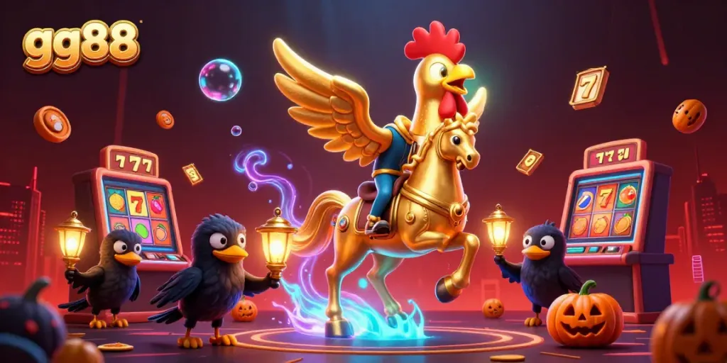 Experience the thrill of gg88 with a golden rooster and a spectral horse in a vibrant casino.