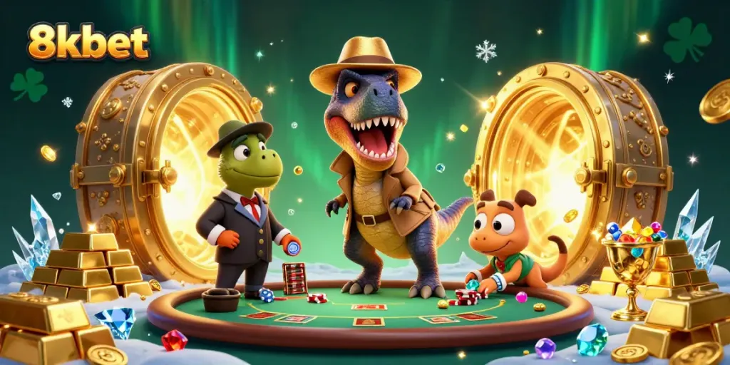 Experience thrilling blackjack action with 8xbet’s 3D dynamic scene featuring vibrant characters and casino elements.