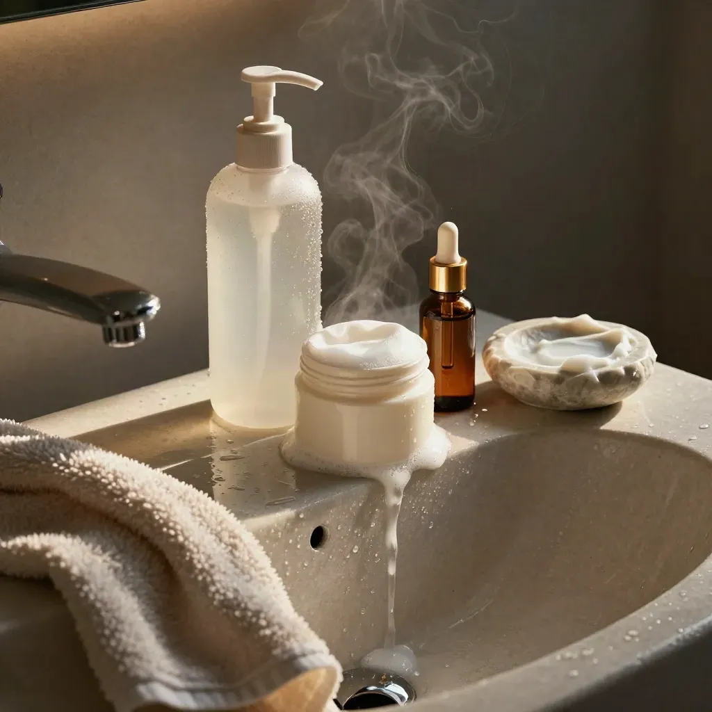 Routine viso con cleanser, crema, olio e asciugamano umido sul lavabo pieno di vapore