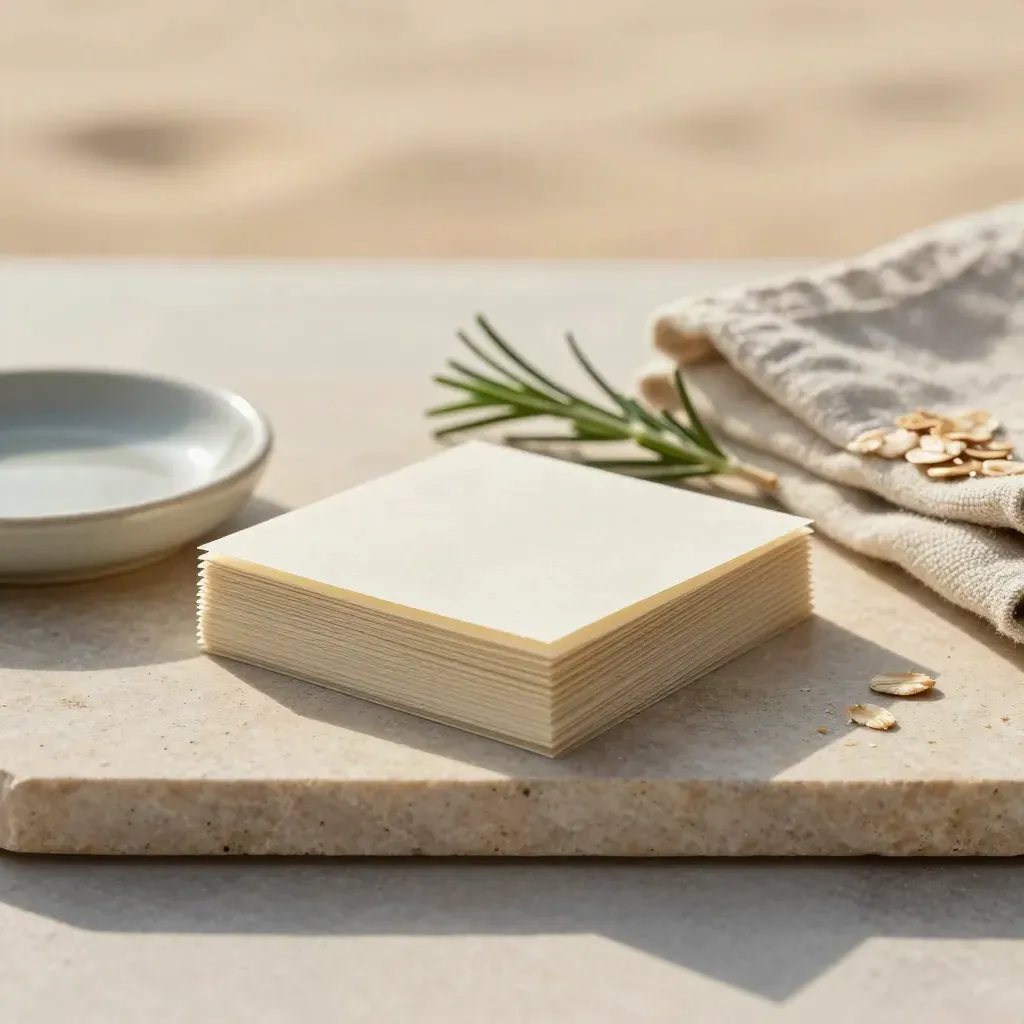 Tab ingredienti, piattino in ceramica, rosmarino e lino su vassoio di pietra in luce morbida.