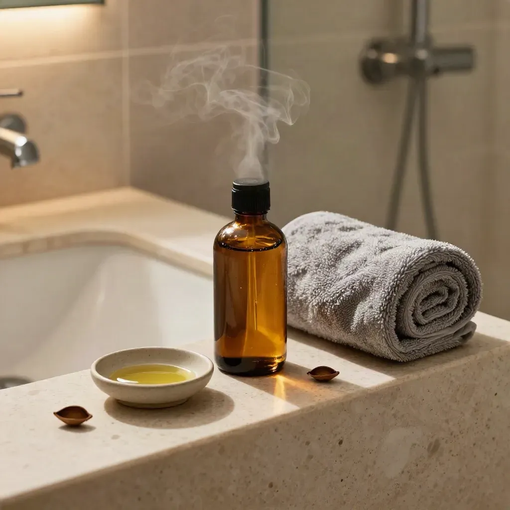 Bottiglia di olio jojoba, asciugamano arrotolato e vassoio in ceramica su bordo in pietra, tra vapore.