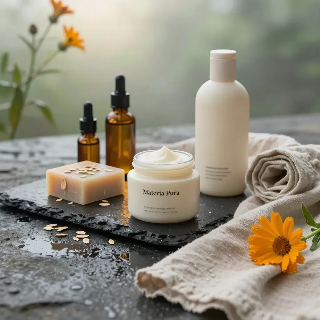 Vasetto crema, oli, saponi e shampoo su ardesia bagnata con fiori di calendula e lino