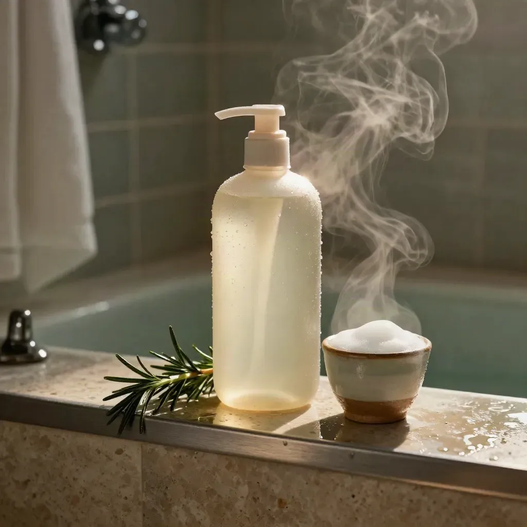 Flacone shampoo al rosmarino su mensola doccia con vapore, spruzzi e tazza in ceramica.