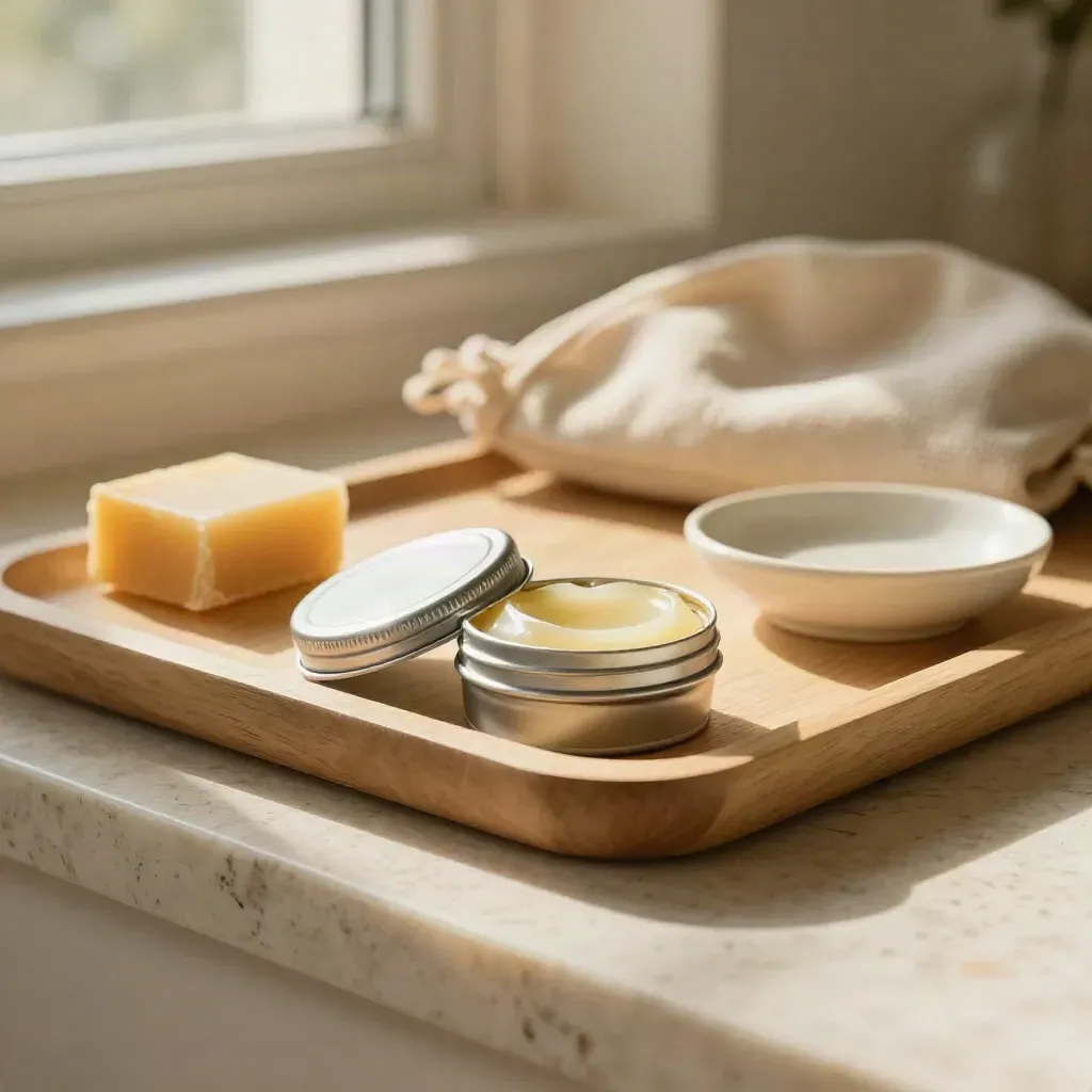 Balsamo labbra in cera, blocco di cera d’api e vasetto ceramico su vassoio di legno.
