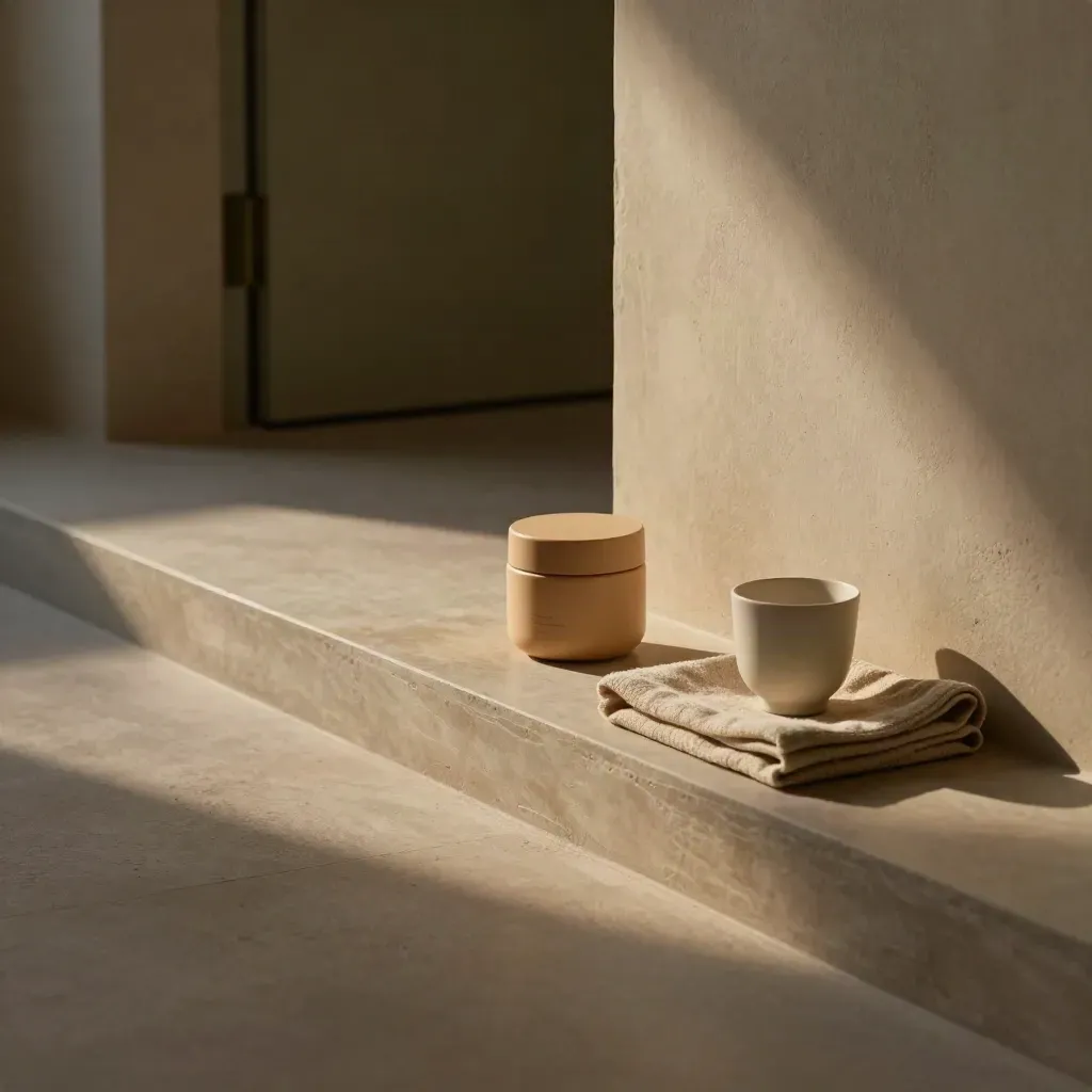 Crema mani al sandalo su vassoio di pietra con asciugamano e tazza in un angolo d’ingresso.
