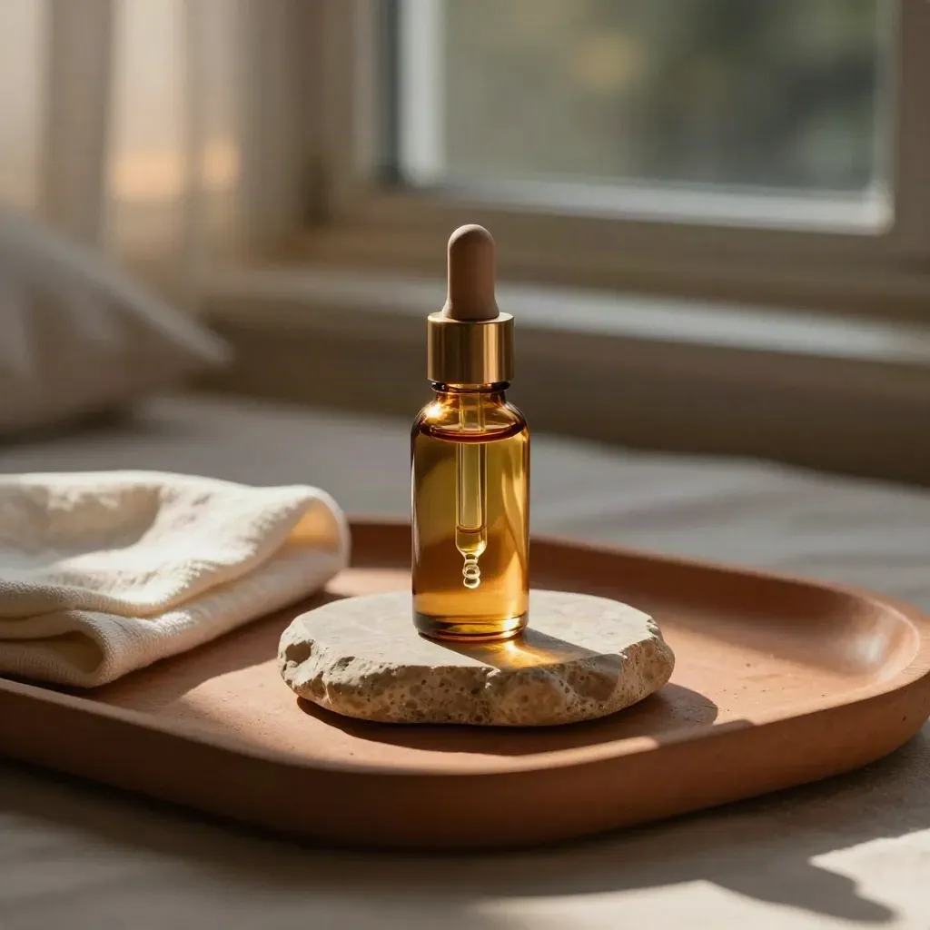 Olio viso di jojoba con contagocce, piattino in pietra e vassoio da comodino vicino a una finestra buia.