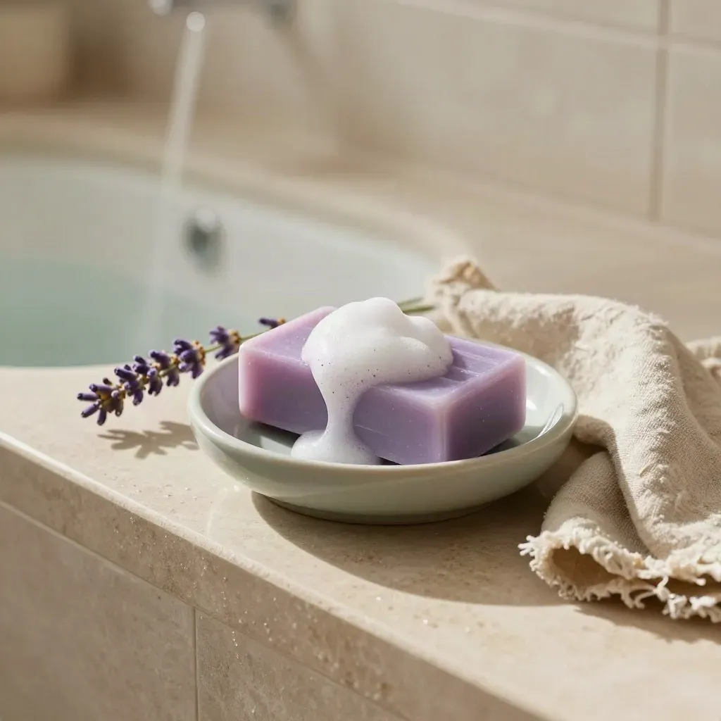 Sapone alla lavanda con schiuma, rametto e panno su mensola da bagno, luce calda.