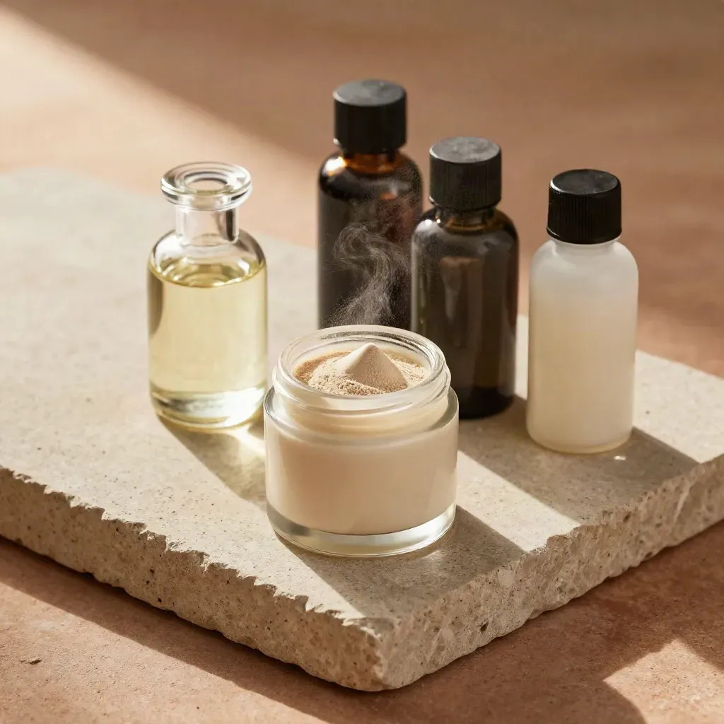 Bottiglie e vasetti ingredienti su banco, crema calma davanti e polvere sospesa nell’aria fredda.