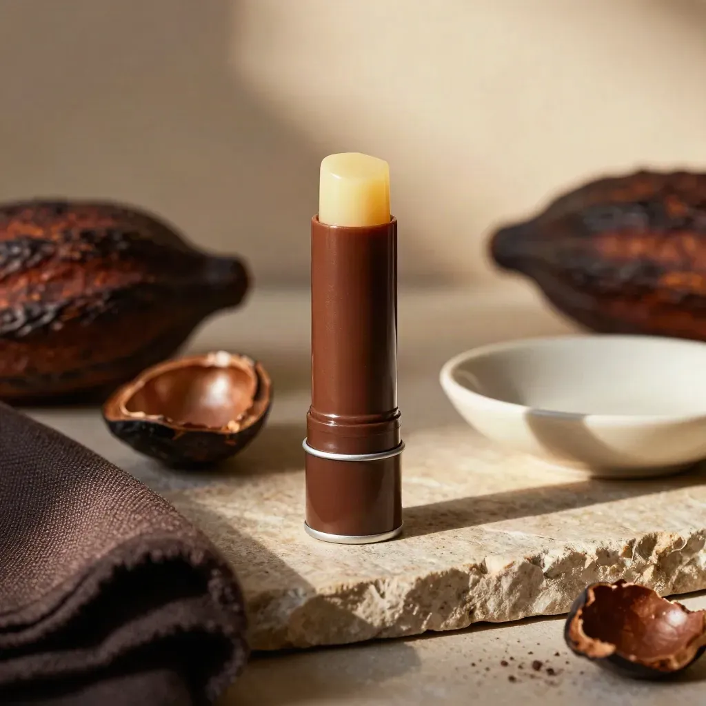 Balsamo labbra cacao su lastra di pietra con frammenti di guscio e lino scuro