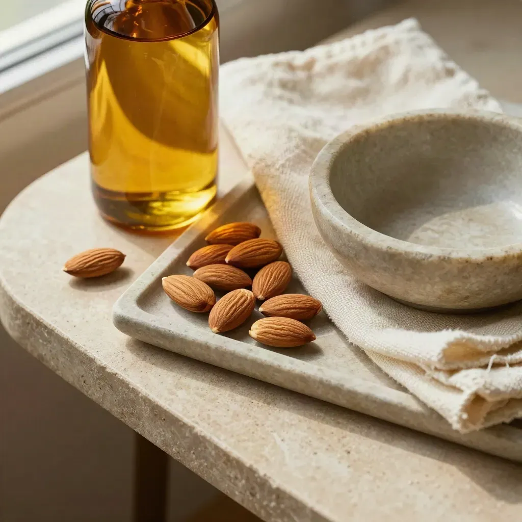 Bottiglia di olio di mandorla con mandorle, panno di cotone e ciotola in pietra chiara.