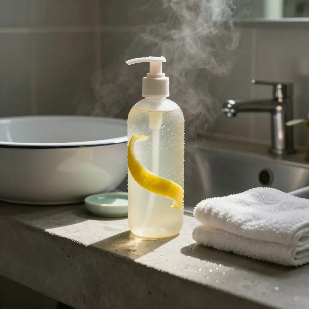 Bottiglia di shampoo agli agrumi accanto a un lavabo smaltato, buccia di limone e asciugamano bianco.