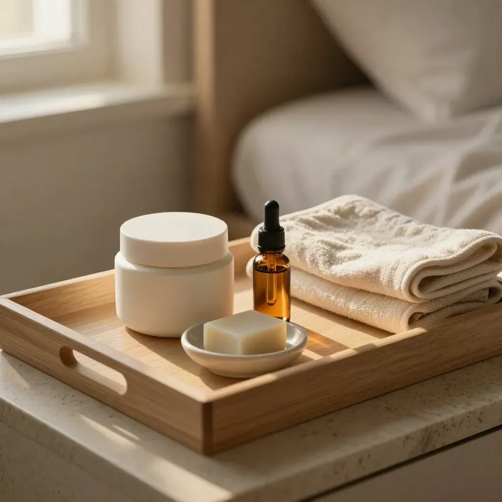 Tray da notte con crema, olio, sapone e asciugamano in luce calda