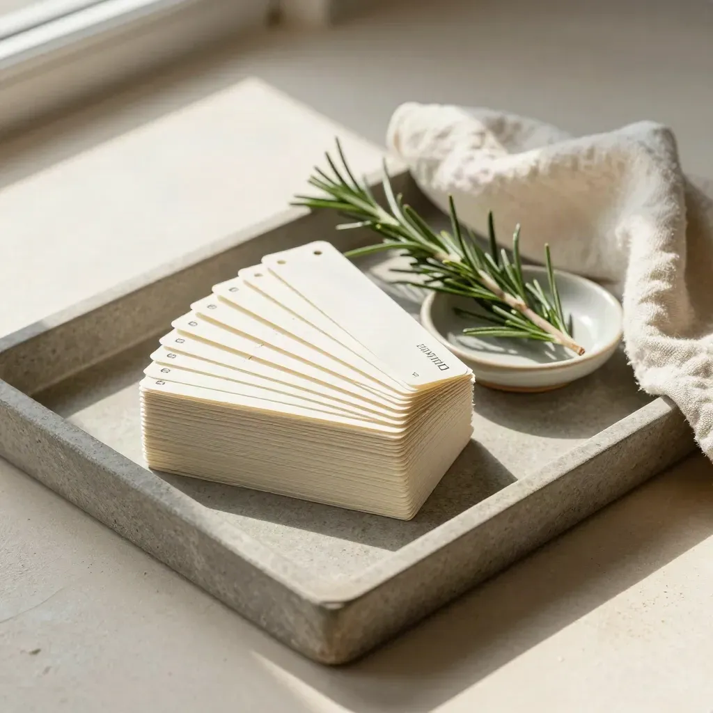 Tabs ingredienti, piattino in ceramica, rosmarino e lino su vassoio di pietra.