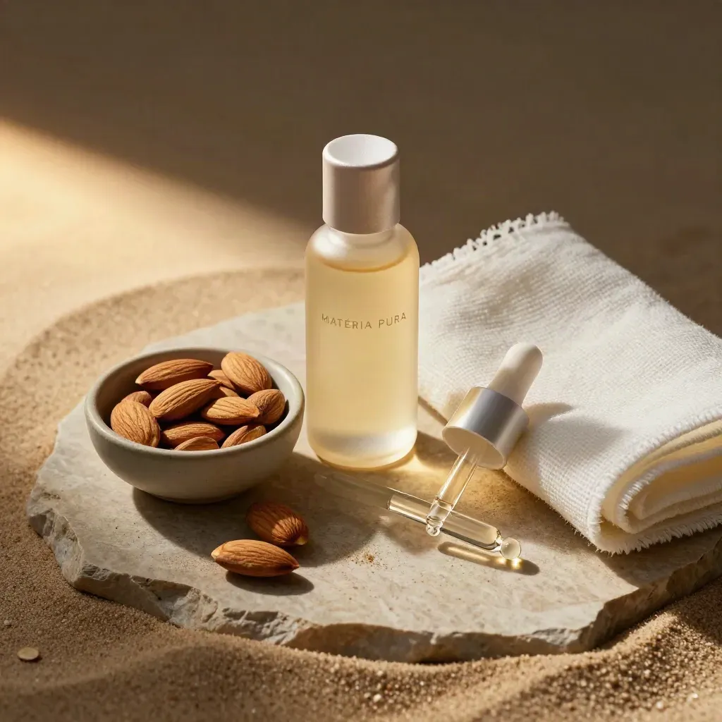 Flacone di olio di jojoba, mandorle, squalano e garza su pietra sabbia.