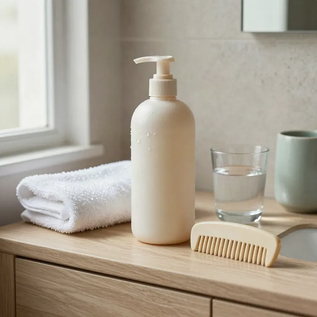 Flacone di shampoo, pettine, asciugamano e bicchiere d’acqua su un mobile bagno in legno chiaro.