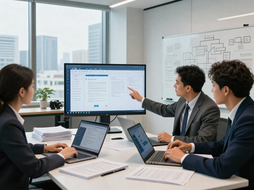 Team collaborating on document fraud detection tools in a modern office.