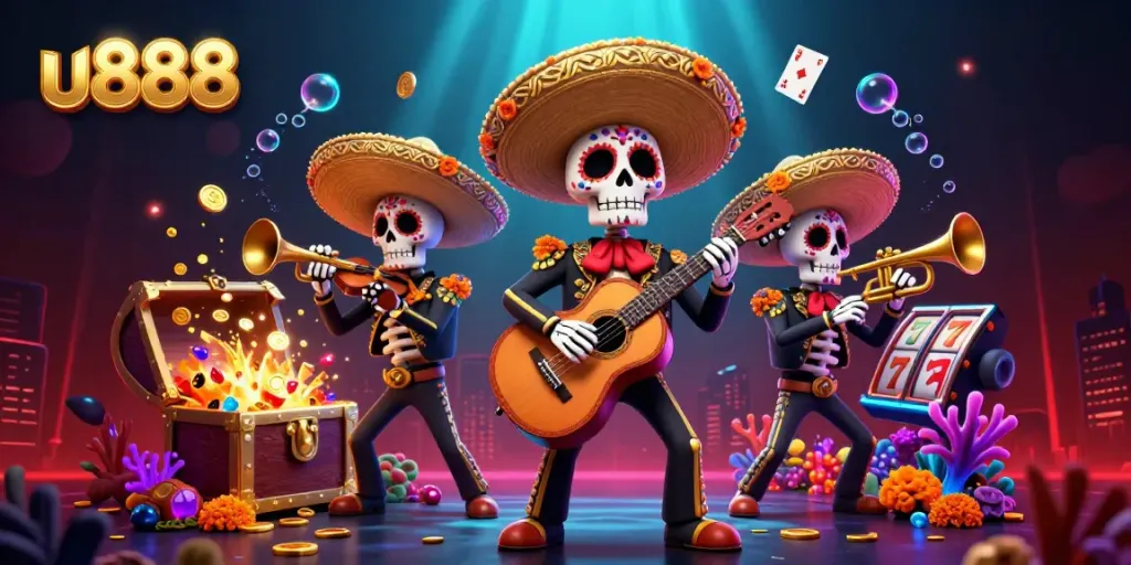 Experience excitement with u888's colorful mariachi skeleton band amidst slot game elements.