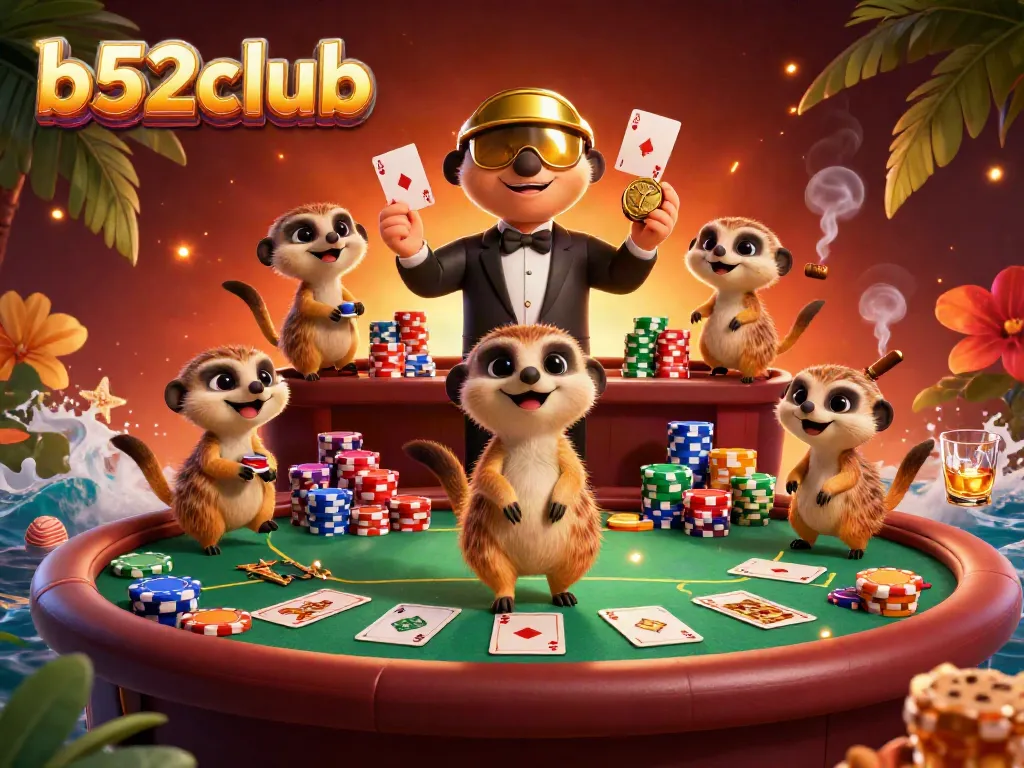 Experience the thrilling atmosphere of B52club's casinos with meerkats managing exciting games and colorful poker elements.