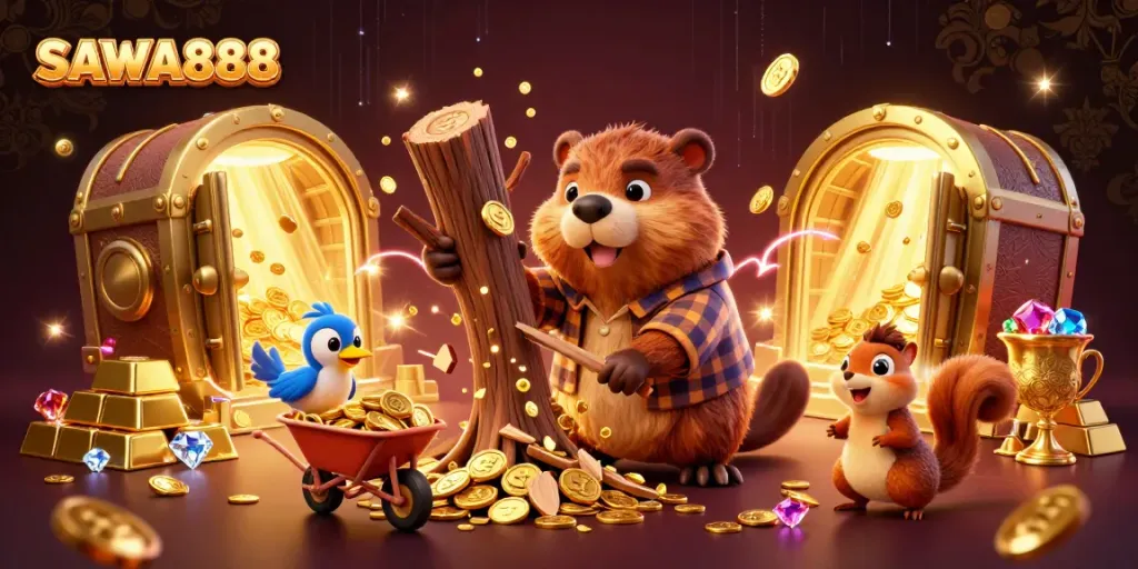 Join the fun with SAWA888 as characters celebrate wealth in a vibrant casino-themed scene.