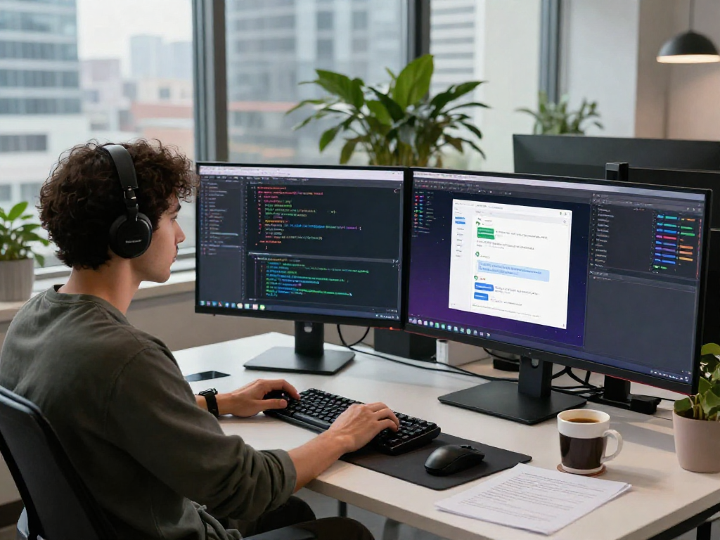 Developer creating an AI chat application, showcasing spicychat technology in a modern workspace.