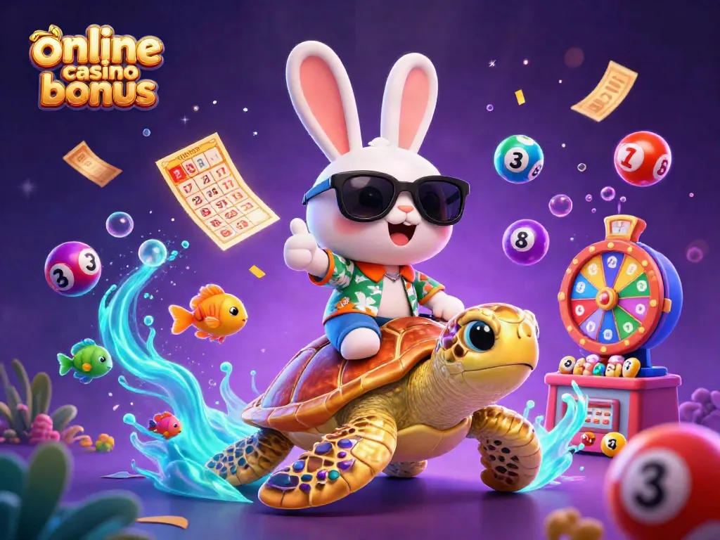 Engage with exciting online casino bonus offers featuring a lucky rabbit and treasure-filled turtle in vibrant surroundings.