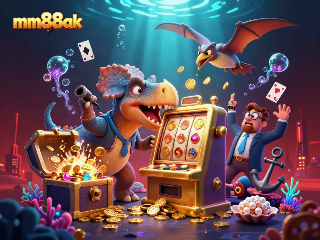 Experience the thrilling MM88AK jackpot action with a 3D pachycephalosaurus and casino elements.