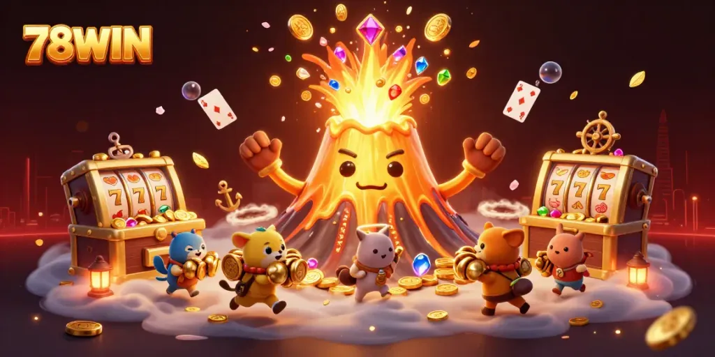 Experience thrilling wins with 78WIN as a golden volcano erupts coins and gems.