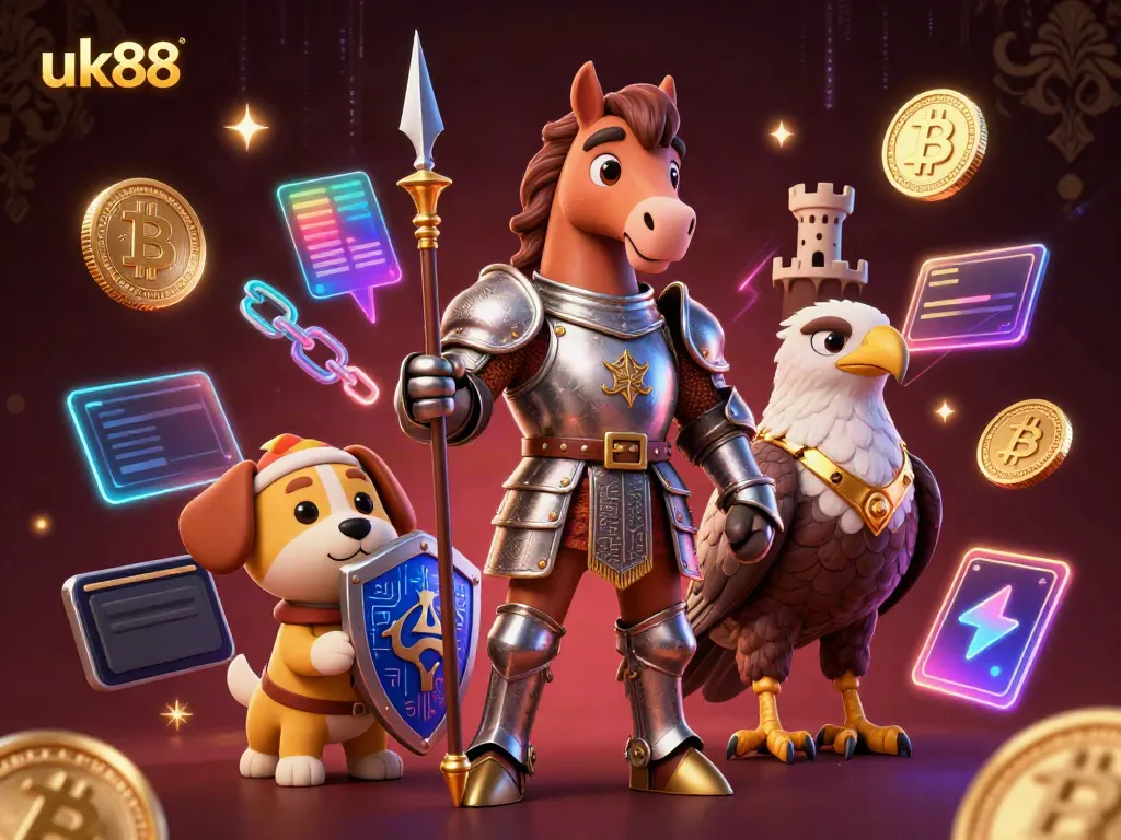 Engaging players with uk88 in a vibrant 3D illustration showcasing a knight, squire, and falcon.