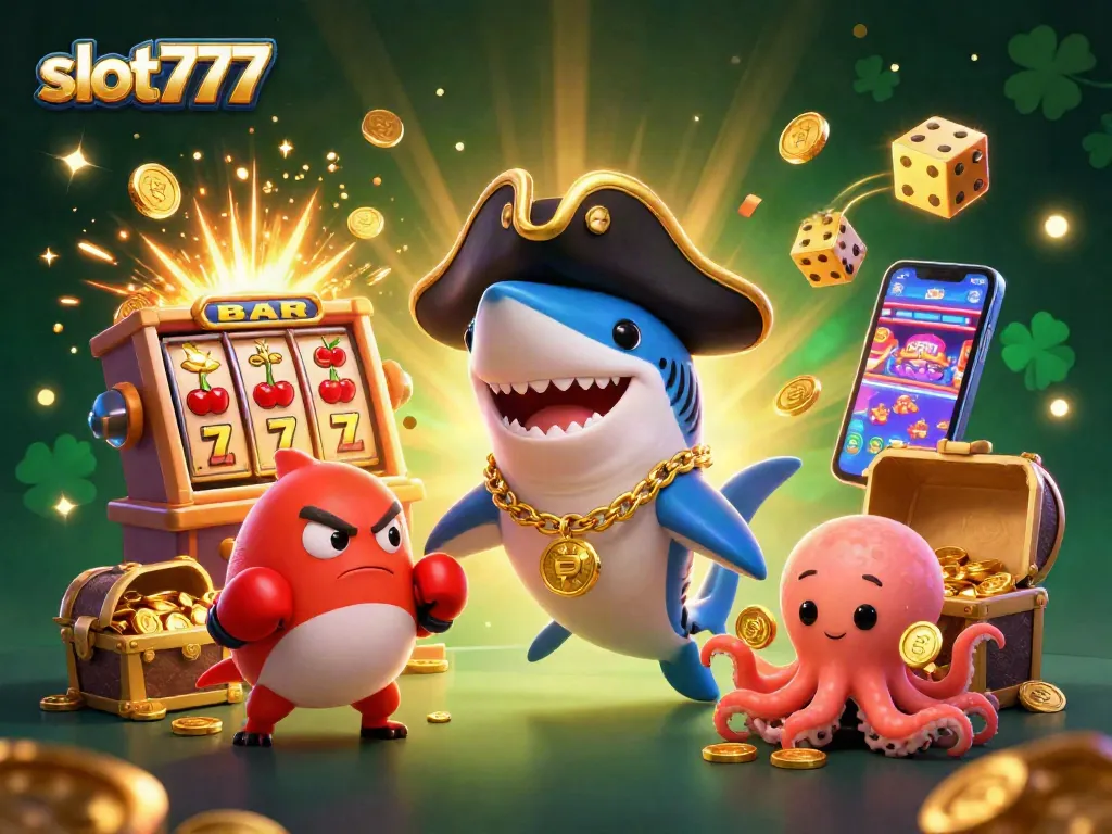 Engage with slot777 for thrilling jackpot excitement, featuring cartoon characters and slot machines.