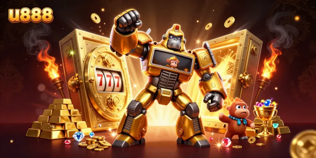 Experience the thrill of u888 with a dynamic 3D golden gorilla mech surrounded by treasures and casino elements.