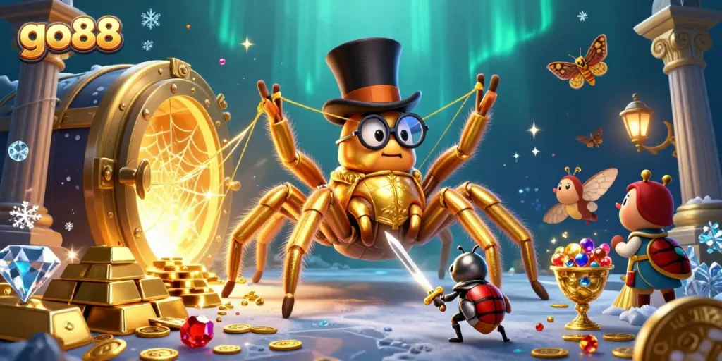 Experience go88's thrilling atmosphere with a vibrant 3D scene of an adventurous tarantula and knight in a casino setting.